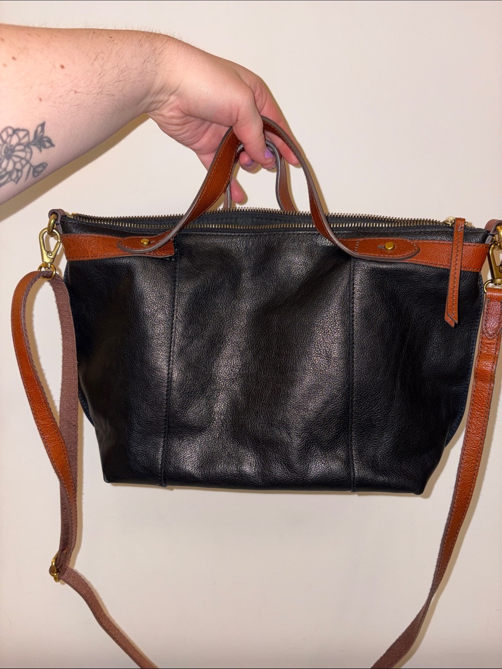 Fossil Sadie Satchel Black Leather Bag Adjustable Strap